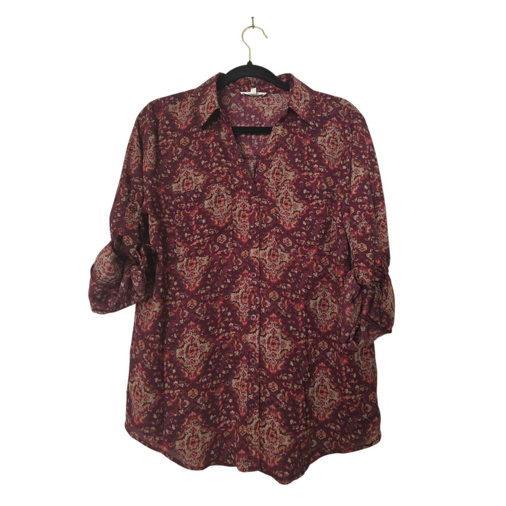 MAURICES Winona Medalion Burgundy Print Blouse Top 3/4 Sleeves Size S
